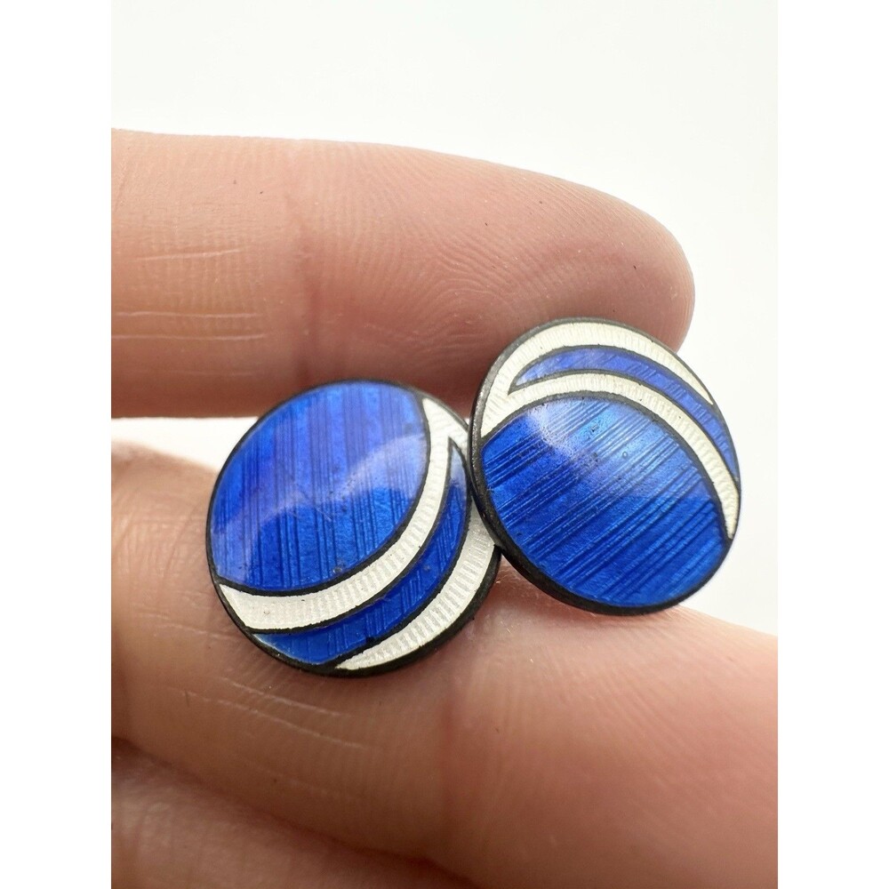 Single Vintage Sterling Silver Blue Enamel Cufflink